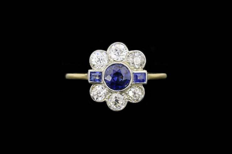 Edwardian 18ct Yellow Gold Diamond and Sapphire Cluster Ring