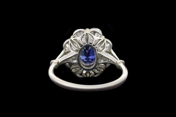 Platinum Diamond and Cambodian Sapphire Oval Cluster Ring