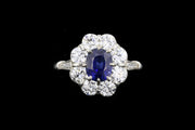 Platinum Diamond and Cambodian Sapphire Oval Cluster Ring