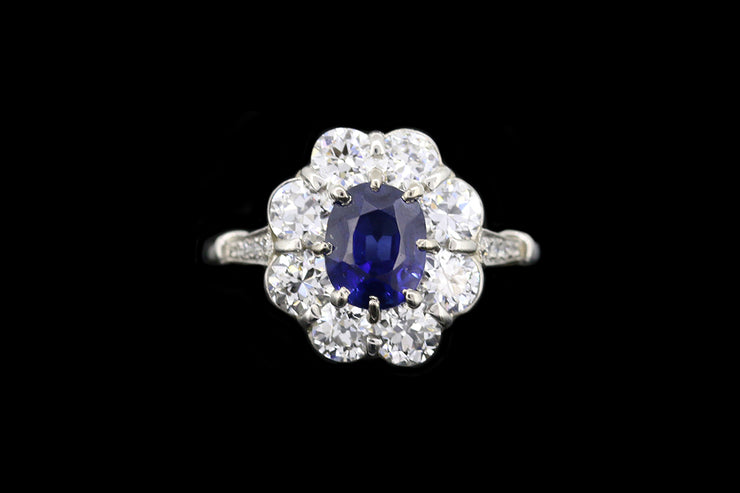 Platinum Diamond and Cambodian Sapphire Oval Cluster Ring