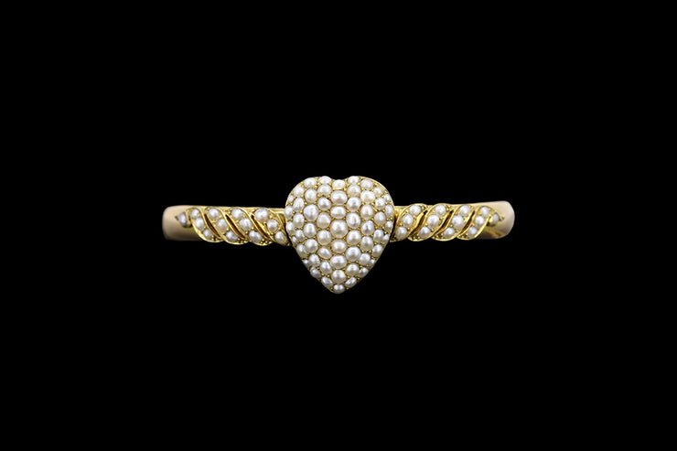 Victorian 15ct Yellow Gold Seed Pearl Heart Bangle