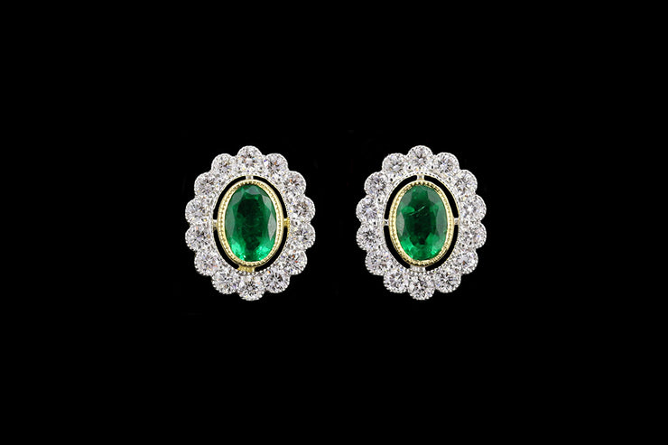 18ct White Gold and Yellow Gold Diamond and Emerald Oval Cluster Stud Earrings