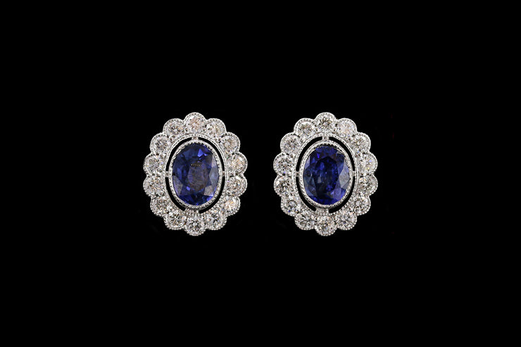 18ct White Gold and Yellow Gold Diamond and Sapphire Oval Cluster Stud Earrings