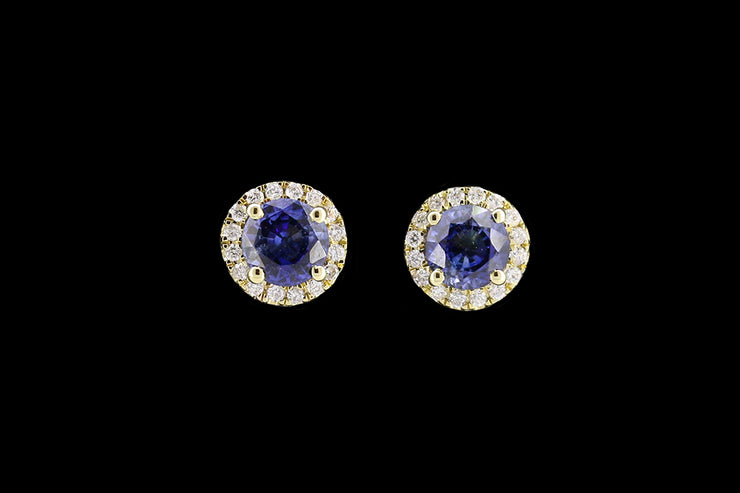 18ct Yellow Gold Diamond and Sapphire Round Cluster Stud Earrings