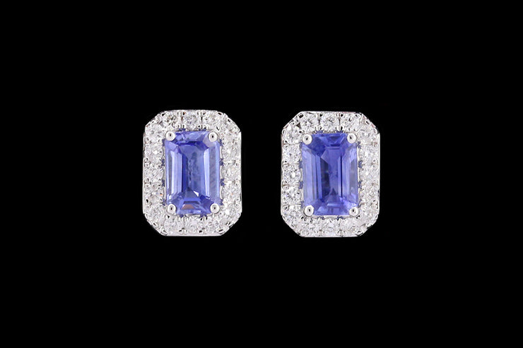 18ct White Gold Diamond and Sapphire Rectangular Cluster Stud Earrings