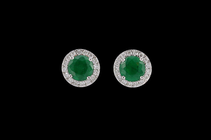 18ct White Gold Diamond and Emerald Round Cluster Stud Earrings
