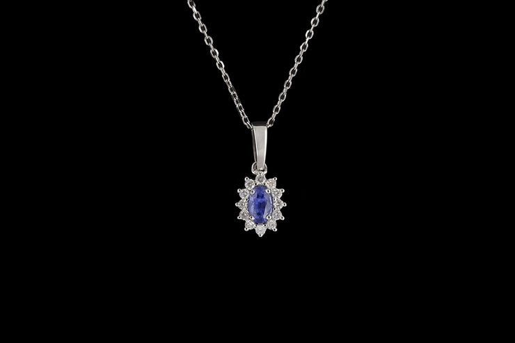 18ct White Gold Diamond and Sapphire Oval Cluster Pendant