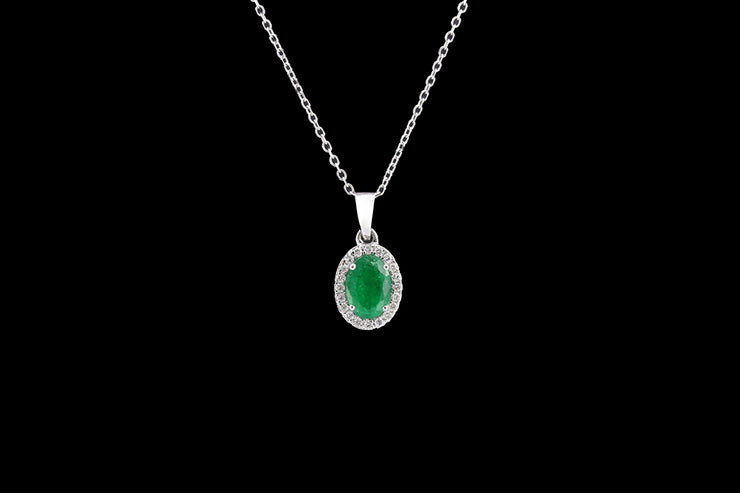 18ct White Gold Diamond and Emerald Oval Cluster Pendant