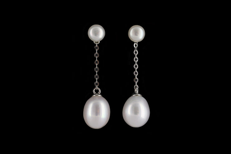 9ct White Gold Freshwater Pearl Double Drop Earrings