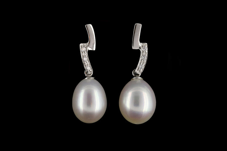 9ct White Gold Diamond and Freshwater Pearl Drop Earrings