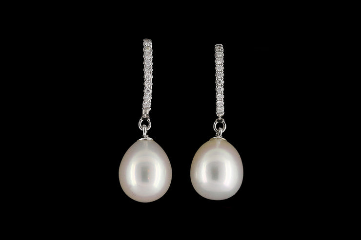 9ct White Gold Diamond and Freshwater Pearl Hoop Earrings