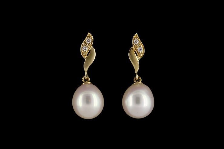 9ct Yellow Gold Diamond and Freshwater Pearl Drop Earrings