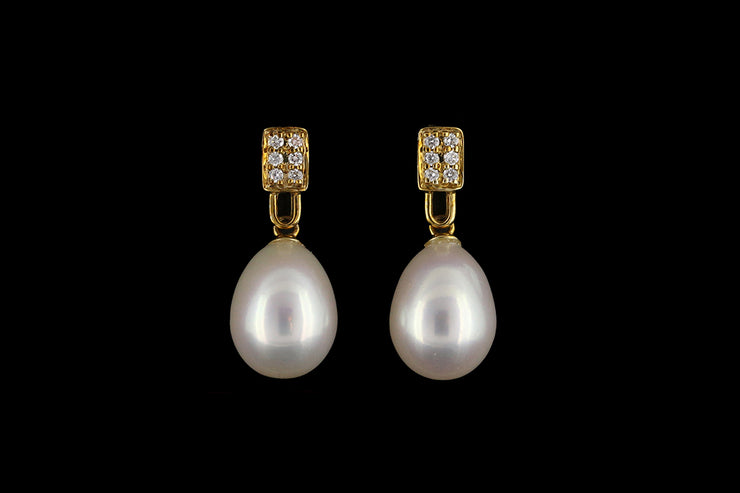 9ct Yellow Gold Diamond and Freshwater Pearl Drop Earrings