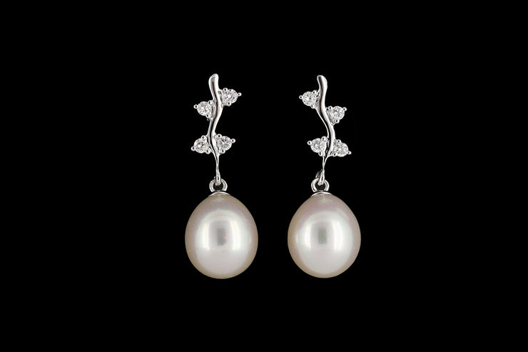 9ct White Gold Diamond and Freshwater Pearl Drop Earrings