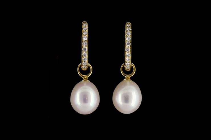 9ct Yellow Gold Diamond and Freshwater Pearl Hoop Earrings