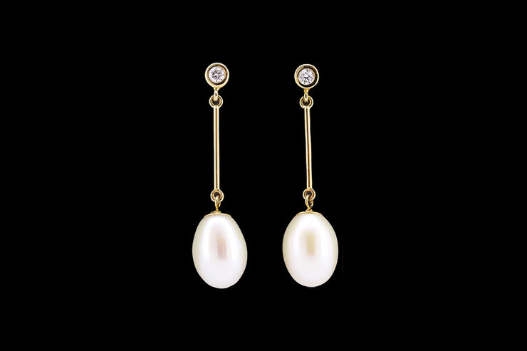 9ct Yellow Gold Diamond and Freshwater Pearl Drop Earrings