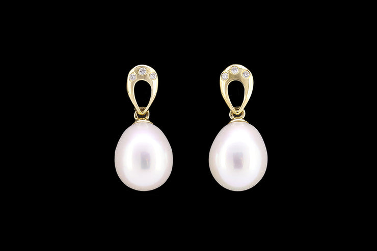 9ct Yellow Gold Diamond and Freshwater Pearl Drop Earrings