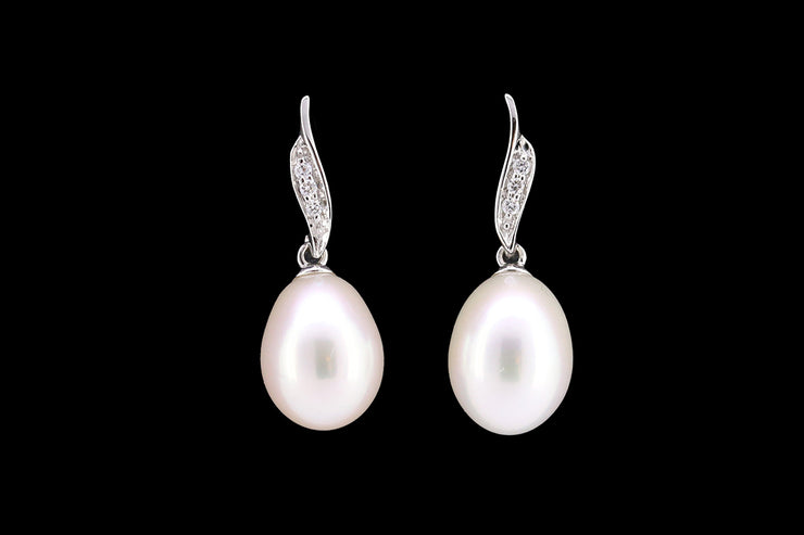 9ct White Gold Diamond and Freshwater Pearl Drop Earrings