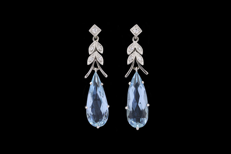 18ct White Gold Diamond and Aquamarine Drop Earrings