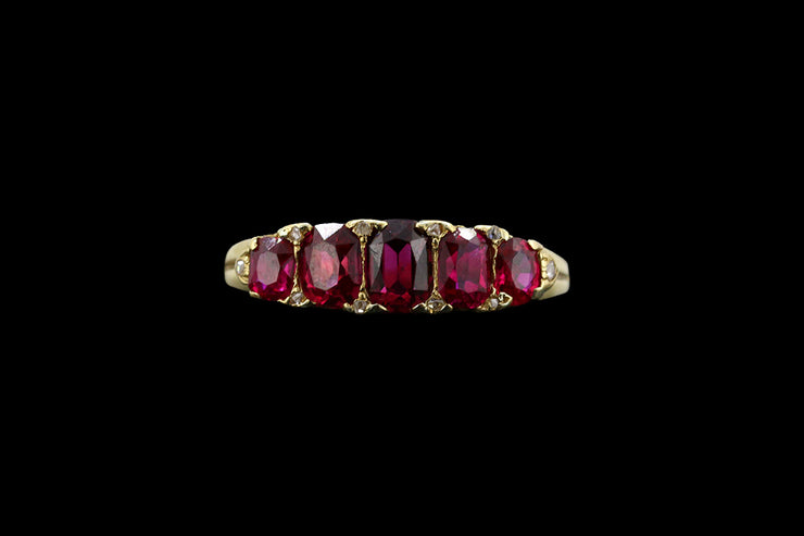18ct Yellow Gold Graduated Ruby Five Stone Ring with Diamond Sparks