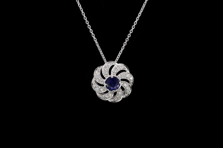 18ct White Gold Diamond and Sapphire Flower Pendant
