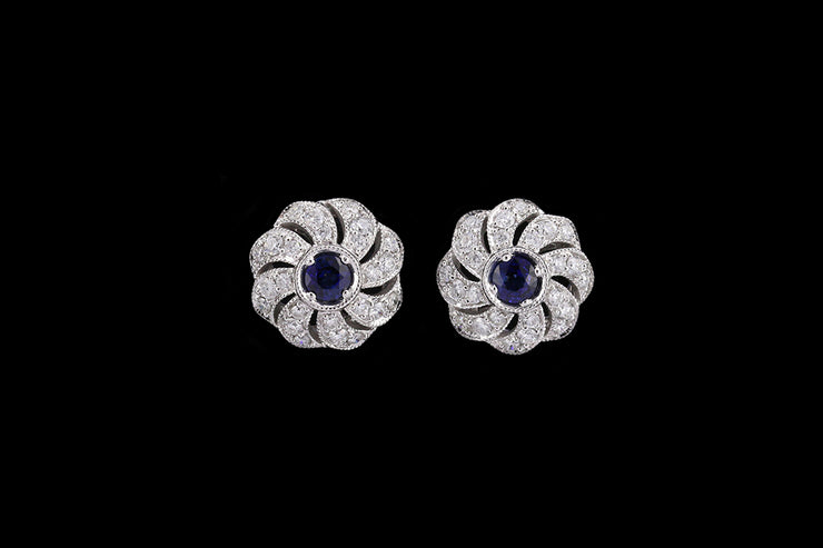 18ct White Gold Diamond and Sapphire Flower Stud Earrings