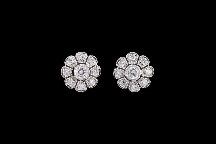 18ct White Gold Diamond Flower Cluster Stud Earrings