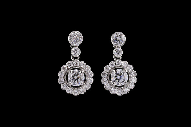 18ct White Gold Diamond Cluster Drop Earrings