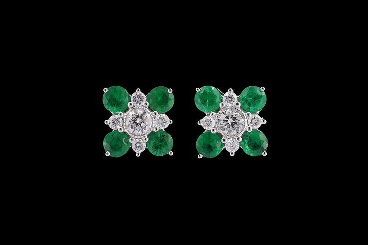 18ct White Gold Diamond and Emerald Decorative Stud Earrings