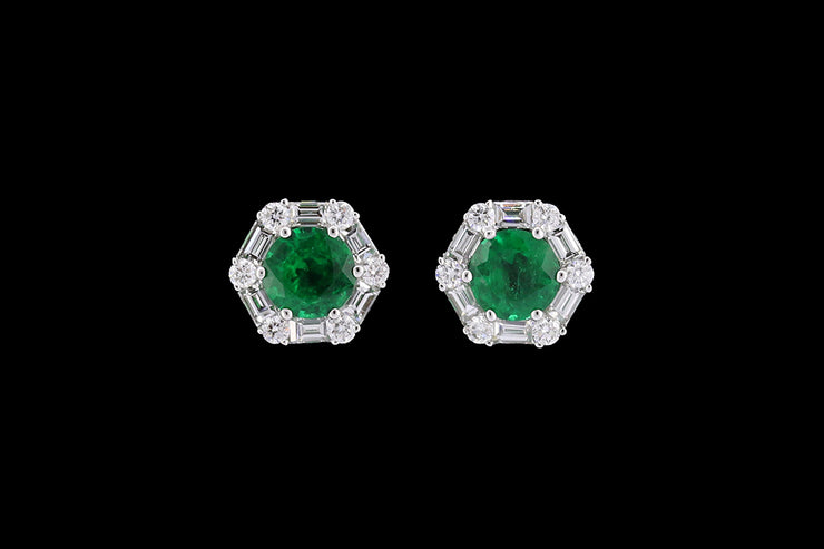 18ct White Gold Diamond and Emerald Decorative Stud Earrings
