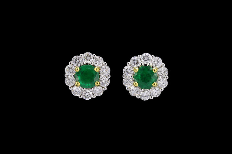 18ct White Gold Diamond and Emerald Round Cluster Stud Earrings