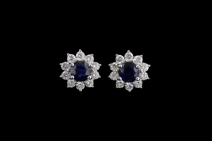 18ct White Gold Diamond and Sapphire Round Cluster Stud Earrings