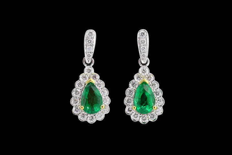 18ct White Gold Diamond and Emerald Pear Cut Cluster Drop Earrings