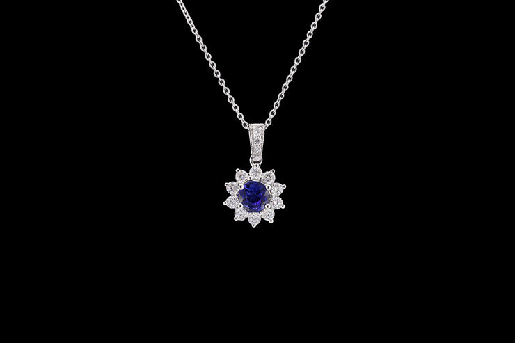 18ct White Gold Diamond and Sapphire Round Cluster Pendant