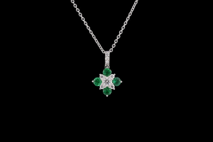 18ct White Gold Diamond and Emerald Decorative Pendant