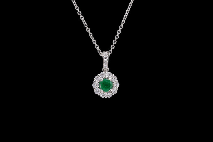 18ct White Gold Diamond and Emerald Round Cluster Pendant