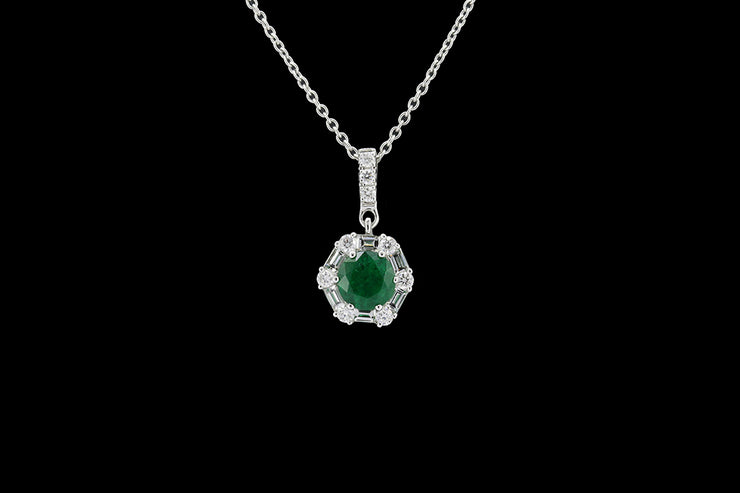 18ct White Gold Diamond and Emerald Cluster Pendant