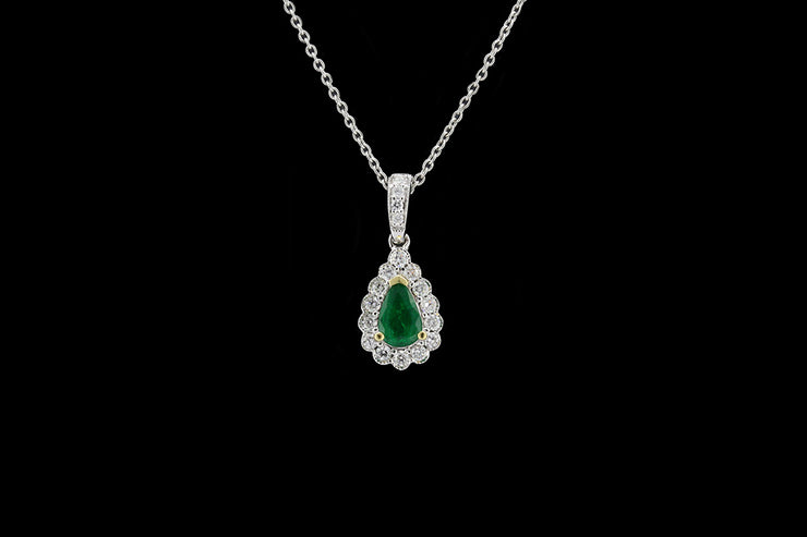18ct White Gold Diamond and Emerald Pear Cut Cluster Pendant