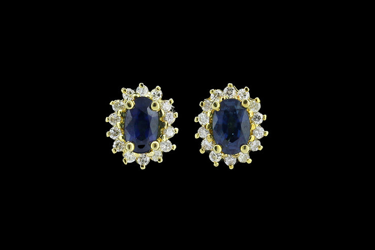 18ct Yellow Gold Diamond and Sapphire Oval Cluster Stud Earrings