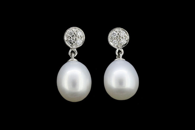 9ct White Gold Diamond and Freshwater Pearl Drop Earrings