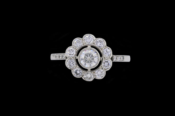 Platinum Diamond Flower Cluster Ring with Diamond Shoulders