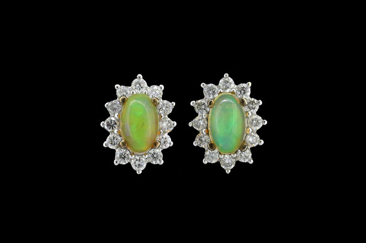 9ct Yellow Gold Diamond and Opal Oval Cluster Stud Earrings