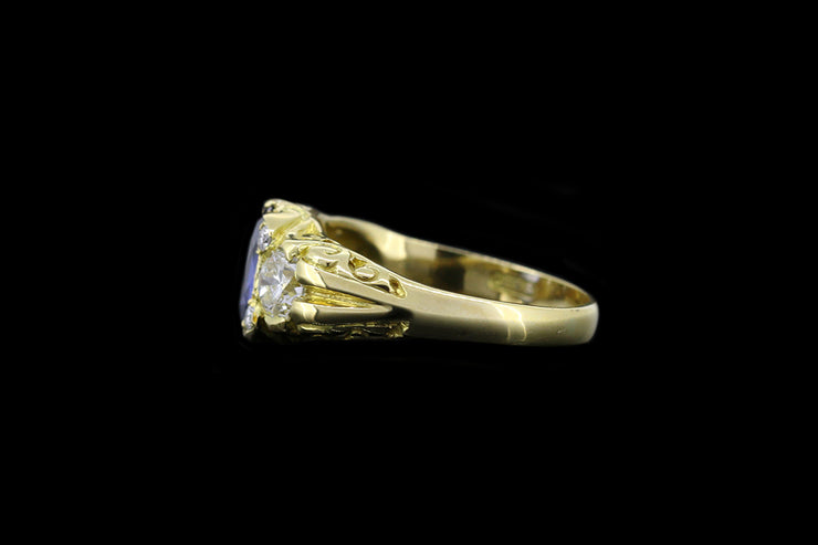 18ct Yellow Gold Diamond and Sapphire Three Stone Ring with Diamond Sparks