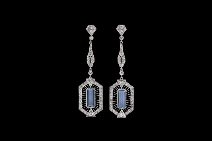 Platinum Diamond and Aquamarine Decorative Drop Earrings