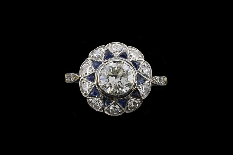 14ct Yellow Gold and White GoldDiamond and Sapphire Target Ring with Diamond Shoulders