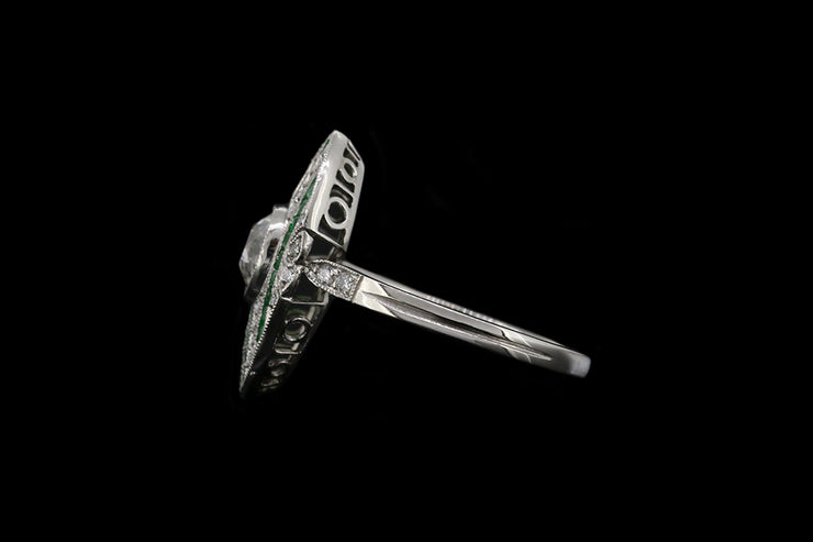 Platinum Diamond and Emerald Dress Ring with Diamond Shoulders