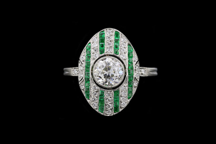 Platinum Diamond and Emerald Dress Ring with Diamond Shoulders