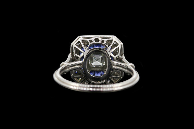 Platinum Diamond and Sapphire Square Target Ring with Diamond Shoulders