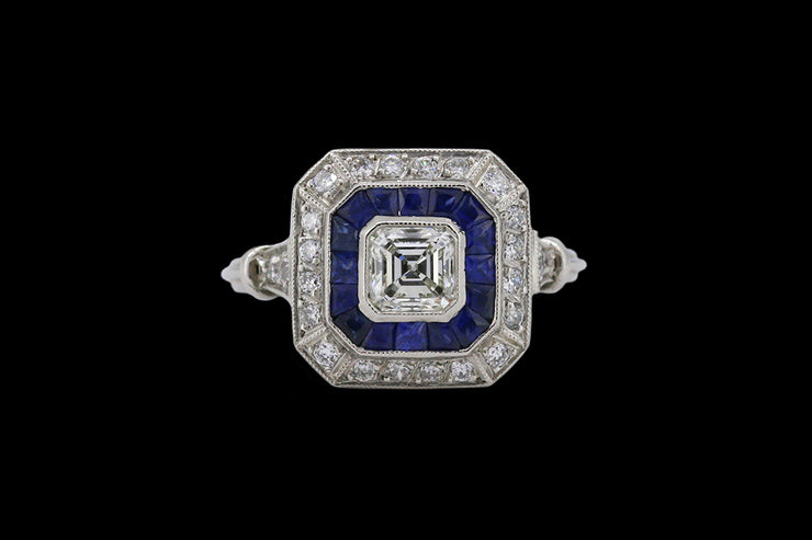 Platinum Diamond and Sapphire Square Target Ring with Diamond Shoulders