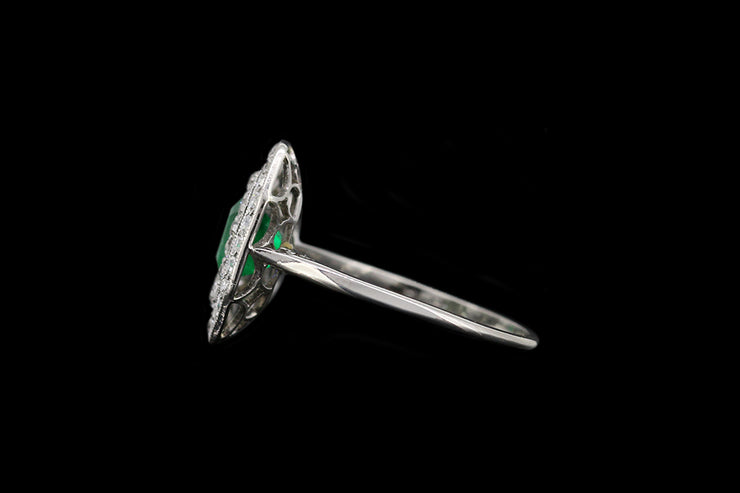 Art Deco Platinum Diamond and Emerald Double Row Cluster Ring
